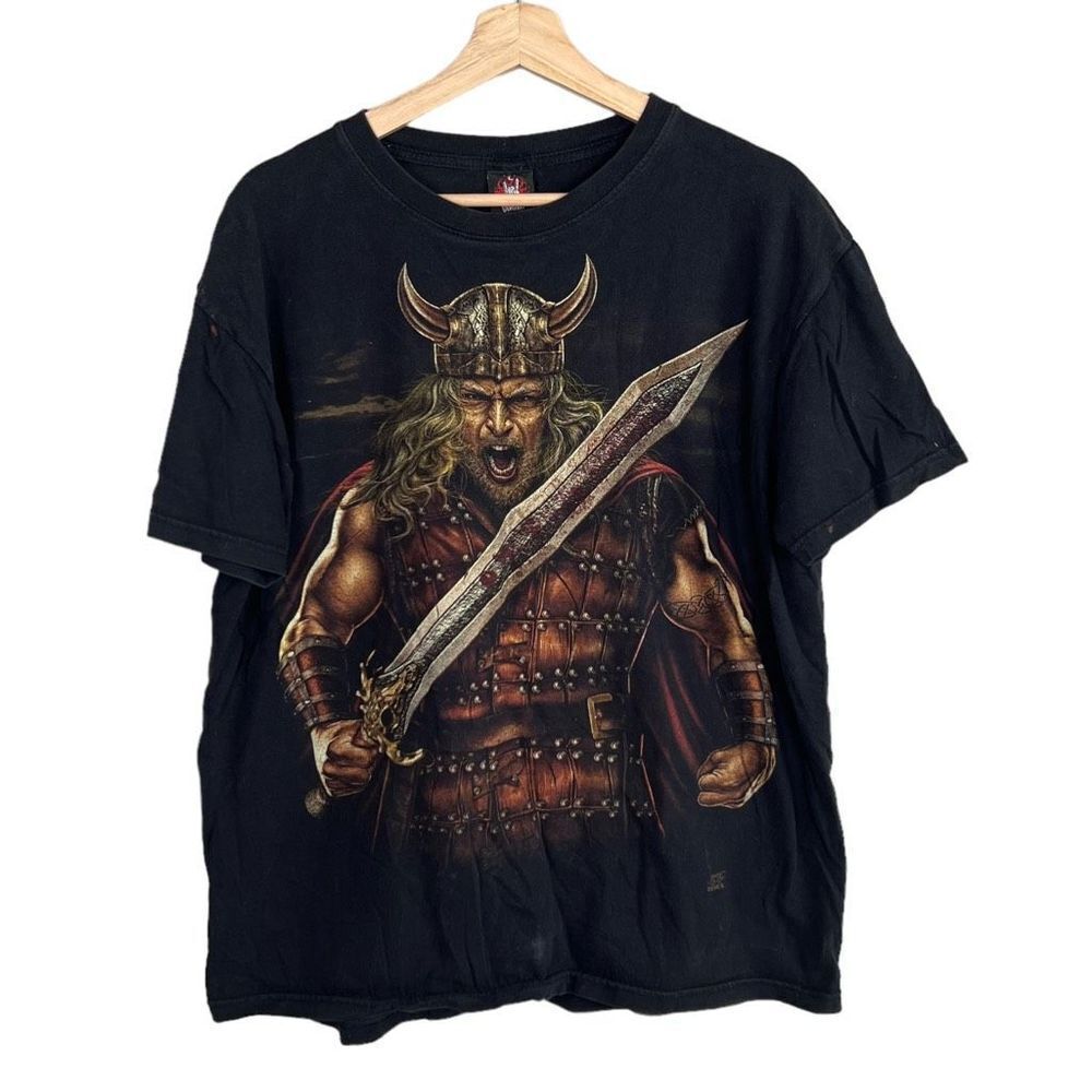 Vintage Y2K Rock Yeah Viking All Over Print T-shirt Mens L